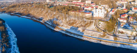 Panoramic view of Dvina river and city of Vitebsk with cathedral orthodox church on the hill and oold town.の写真素材