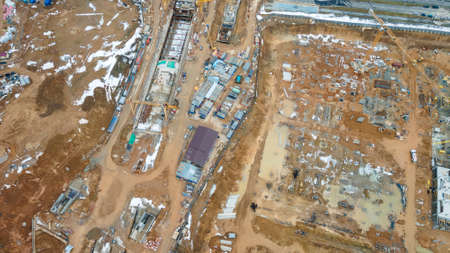 Aerial view of large construction site. Building new apartment blocks in residential area.の写真素材