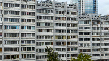 Bottom view of a multi-storey panel residential building. Typical post-soviet urban architecture.の写真素材