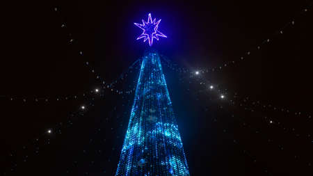Christmas holiday background. Christmas tree in shining garland at night. Happy New Year concept.の写真素材