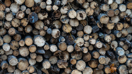 Neatly stacked big pile of chopped fire wood logs prepared for winter at vintage wooden barn wall....