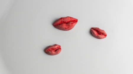 Sweets in the form of three red lips. LGBT concepts. Space for text. Female lips in the form of chokolate sweets.の写真素材