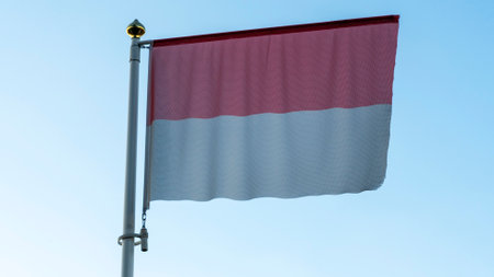 National flag of Monaco on a flagpole in front of blue sky with sun rays and lens flare. Diplomacy...