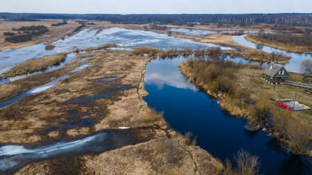 Top view of the countryside, river, lawn, trees. Nature conservation. Space for text,の写真素材