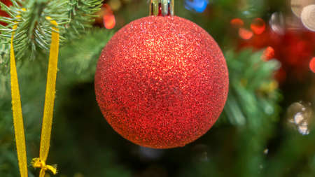 A red Christmas ball on a Christmas tree with a blurred background. Christmas and New Year...