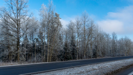 Country road through winter rural scene. Black clean asphalt. Winter road going through snow-covered...