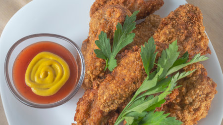 Breaded chicken strips with sauce on white plate. Crispy fried chicken tenders. Fast food on white...