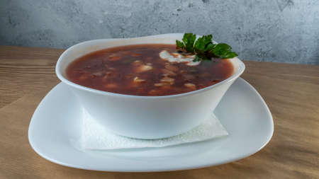 Ukrainian traditional dish borsch. Homemade Russian Beet Borscht Soup. national cuisine concept.