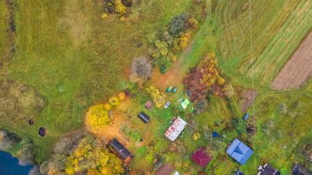Aerial view kayaks for rent in countryside. Group of canoes rental kayak in the rental point. Kayaking adventure. countryside background.の写真素材