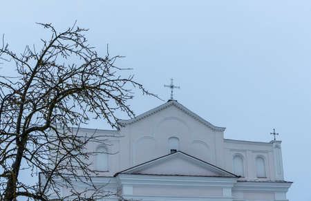 Catholic church roof with cross through bare branches of the tree. View of dome of old catholic...