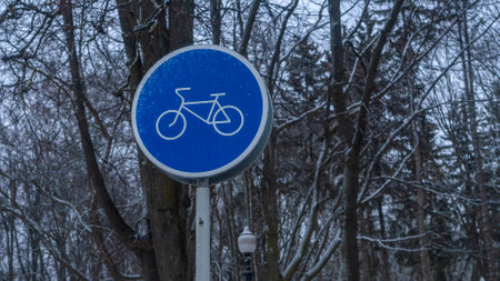 Blue bike lane sign in the winter park. Biking in cold weather, cycling in cold weather. Bicycle stencil on the pavement. Cycling on a snowy winter evening. concept traffic sign.の写真素材