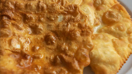 Close-up view of homemade pasties with meat filling on white plate. Traditional Caucasian and...