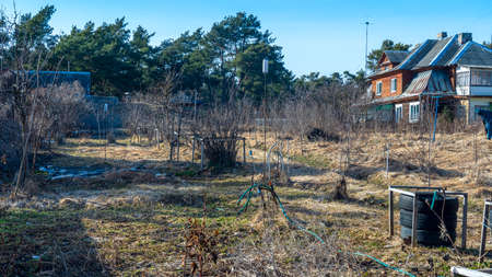 An unkempt plot of land in the village in early spring with withered grass, a greenhouse and a rusty...