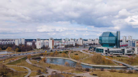 public building. Panoramic view of the National library and a new neighborhood with a park. National Library is main universal scientific.の写真素材
