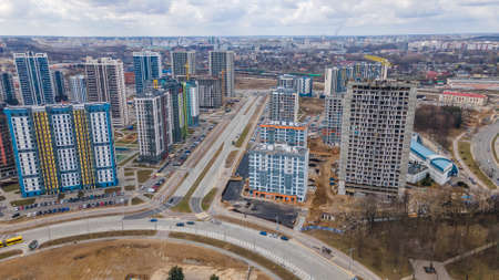 New multi-storey residential building apartment houses aerial view. Mortgage background concept image. city neighborhood.の写真素材