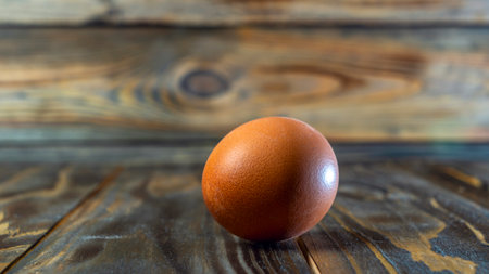 Close-up of fresh brown chicken egg on nature wooden table with copy space. food ingredient. Easter Festival concept. Egg lay on wooden background.の写真素材