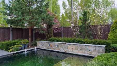 Pond in landscape design. Landscape design on backyard. View of small pond, trimmed bushes and small...