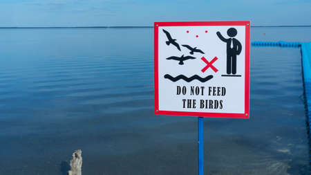 Sign over water to not feed the birds. Do not feed the birds warning sign on water background. Wildlife and healthcare concepts.の写真素材