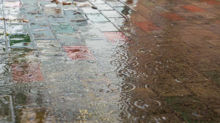 Raindrops in the water. Aqua abstract background. Rain drops on the surface of water in a puddle. Heavy rain drops on asphalt. rain in the city.の写真素材
