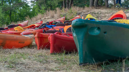 Camping with kayaks on the beach of the river on a sunny day. Modern kayaks with paddles on the beach near the river. summer camp activity. travel concepts.の写真素材