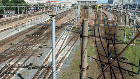 Top perspective view on many railway track lines. Railway, railroad tracks. Cargo and journey...