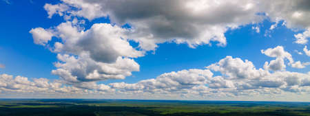Blue sky panorama with clouds over tops of green trees. Blue sky and white cloud soft. White cloud background. Green tree top line over blue sky and clouds background in summer.の写真素材