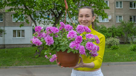 The attractive woman holding decorative petunia flower in flower pot on the street. gardening and planting. Concept of garden and interior decoration.の写真素材