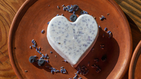 Homemade lavender ice cream in the shape of a heart in rural clay plate decoration blueberry. Creamy vegan lavender ice cream. Provence style. Space for text.の写真素材