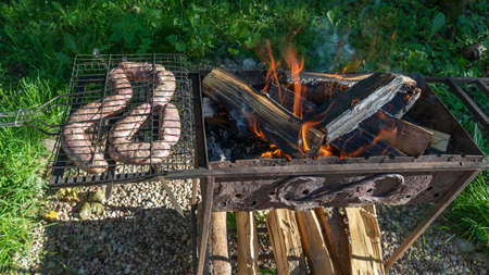 Tasty homemade sausage made of beaver meat cooking on grill. Beaver meat sausages are cooked on coals. Homemade beaver sausages.の写真素材