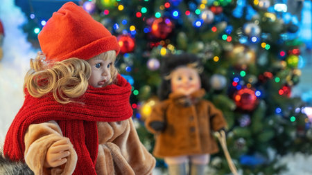 Christmas scene featuring large, realistic dolls of children playing joyfully around a festive tree in a yard. In the foreground, a girl doll is in focus, while a boy doll is blurred behind the tree.の写真素材