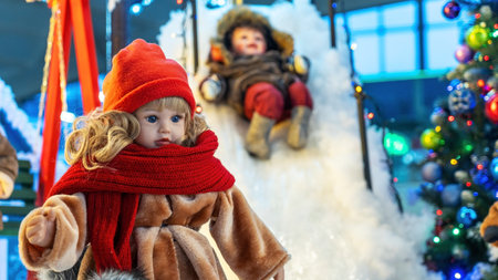 A delightful Christmas scene featuring large, realistic dolls of children playing joyfully around a festive tree in a yard. In the foreground, a girl doll is in focus, while a boy doll slides down a hill in the background.の写真素材
