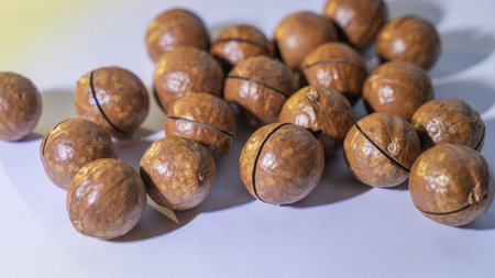 A top view of a bunch of macadamia nuts resting on a uniform background, showcasing their rich texture and natural color. Perfect for food-related designs and healthy snack concepts.の写真素材