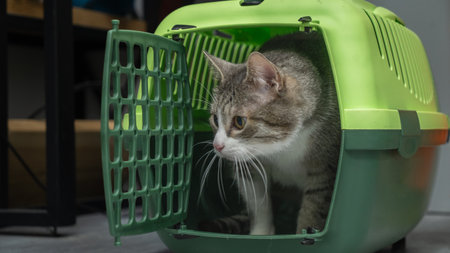 A domestic cat gracefully steps out of a plastic pet carrier, showcasing its curiosity and comfort in a familiar environment, ready for exploration.の写真素材