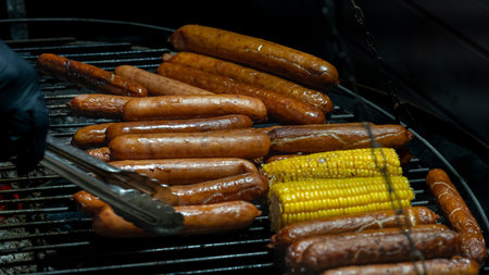Sizzling sausages and sweet corn grilling over an open flame, creating a mouthwatering feast. Perfect for summer barbecues, this vibrant scene captures the essence of outdoor cooking and enjoyment.の写真素材