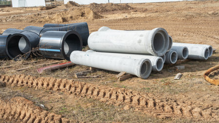 Construction site showcasing various diameters of polyethylene and concrete pipes for water supply....
