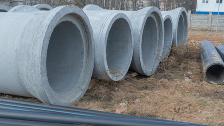 Construction site showcasing various diameters of polyethylene and concrete pipes for water supply....