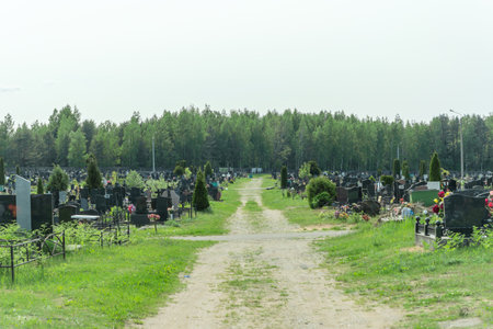 Serene cemetery landscape in summer. Timeless monuments standing guard over cherished memories in a...