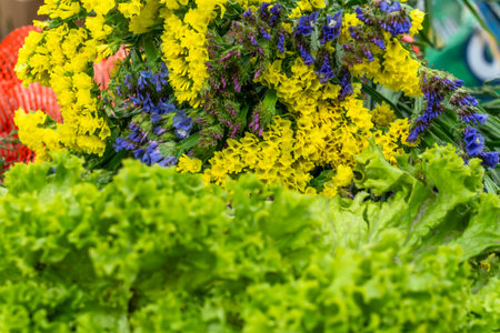 Fresh lettuce leaves on a market stall with statice flowers in the background. The beauty of fresh produce and statice flowers blending together in a lively market atmosphere. Defocused foreground.の写真素材