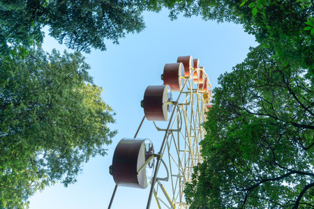 Ferris Wheel And Green Trees Against Blue Sky. Summer Amusement Park Scene With Ferris Wheel Rising Above Lush Foliage And Sunlight.の写真素材