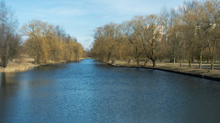 Serene river with leafless trees and walking paths in early spring or autumn urban park. Peaceful...