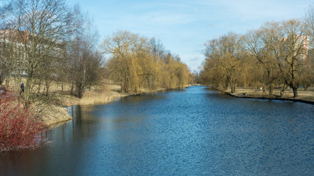 Serene river with leafless trees and walking paths in early spring or autumn urban park. Peaceful...
