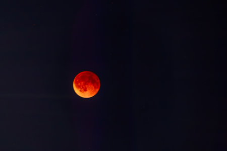Blood red moon in night sky. Celestial prophecy. Lunar eclipse in dramatic red color with a cosmic sparkle. A symbol of transformation.の写真素材