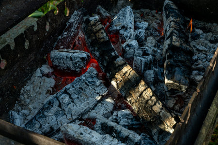 Charred firewood glowing with red embers and white ash in open flame during outdoor burning. The quiet transformation of matter as wood turns to flame ash and ember in elemental cycle of fire.の写真素材