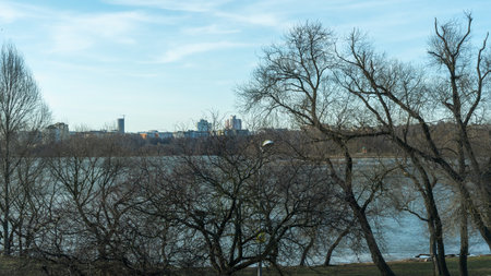 Urban waterfront park with paved walkway bare trees and street lamps overlooking midrise buildings across the lake in muted seasonal landscape. City park by the lake with walking path trees.の写真素材