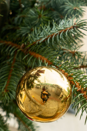 Elegant christmas tree decorated with sparkling gold and red ornaments creating warm joyful holiday atmosphere. Glittering gold ornament hanging on green christmas tree.の写真素材