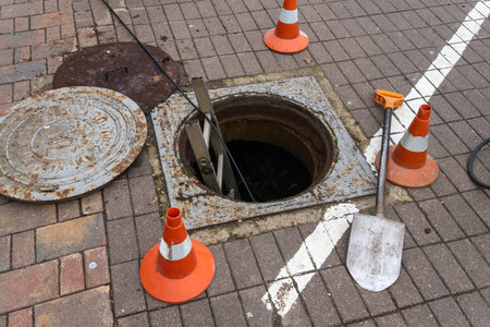 Open manhole with safety cones on pavement. Urban maintenance site with open manhole ladder and...