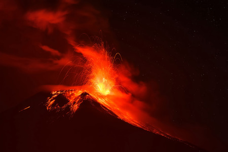 Explosion Of Tungurahua At Night, Ecuador, South Americaの写真素材