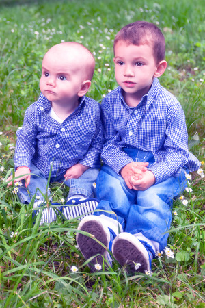 Portrait Of Two Young Brothers Sitting In Green Grassの写真素材