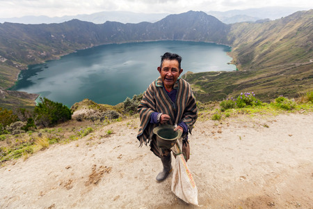 Quilotoa, Ecuador - 27 March 2015  : Indigenous Villager Smiling At The Camera, Quilotoa, South America  In Quilotoa On March 27, 2015のeditorial素材