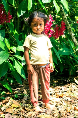 Yasuni, Ecuador - 17 November 2012: Young Indigenous Girl Looking Scared Straight To The Camera, South America In Yasuni On November 17, 2012のeditorial素材